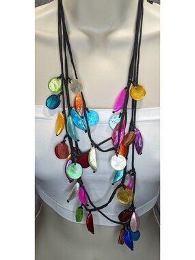 Layered Beaded Shell Necklace Rainbow Acrylic Charm Festival Beach Glam